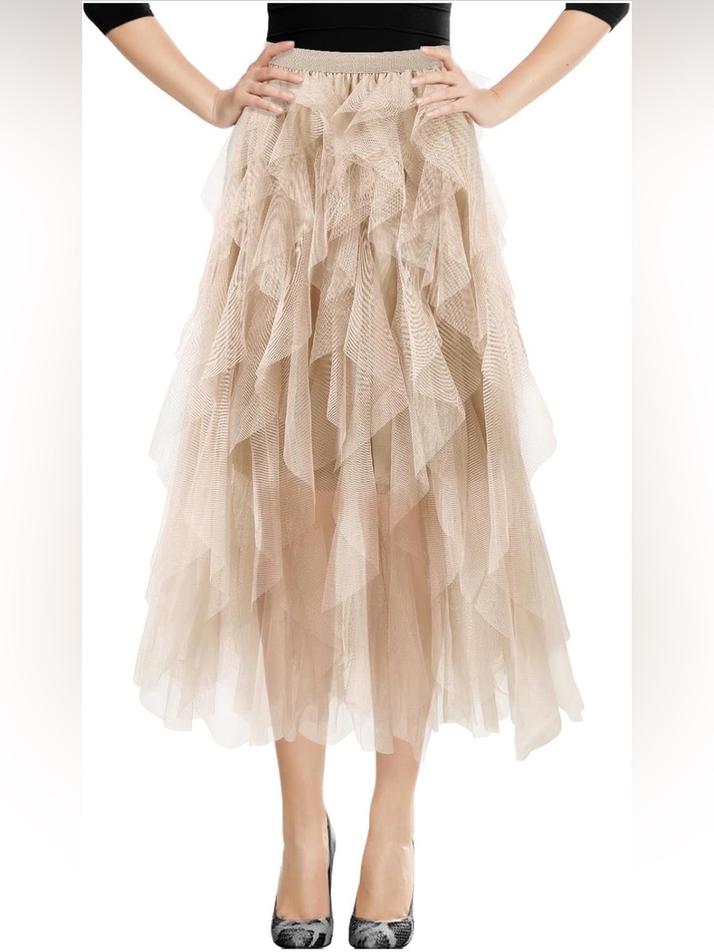 A Line Tulle Midi Skirt Tutu Tiered Petticoat Tea Length Elastic Waist One Size